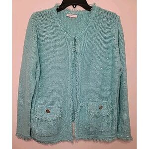 Sioni Women's Cardigan Open Knit Sweater Large‎ Teal Pockets Sequins Chic Lover